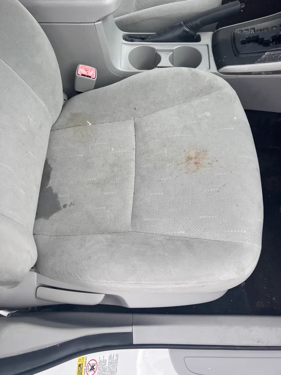 Front passenger seat stains — before
